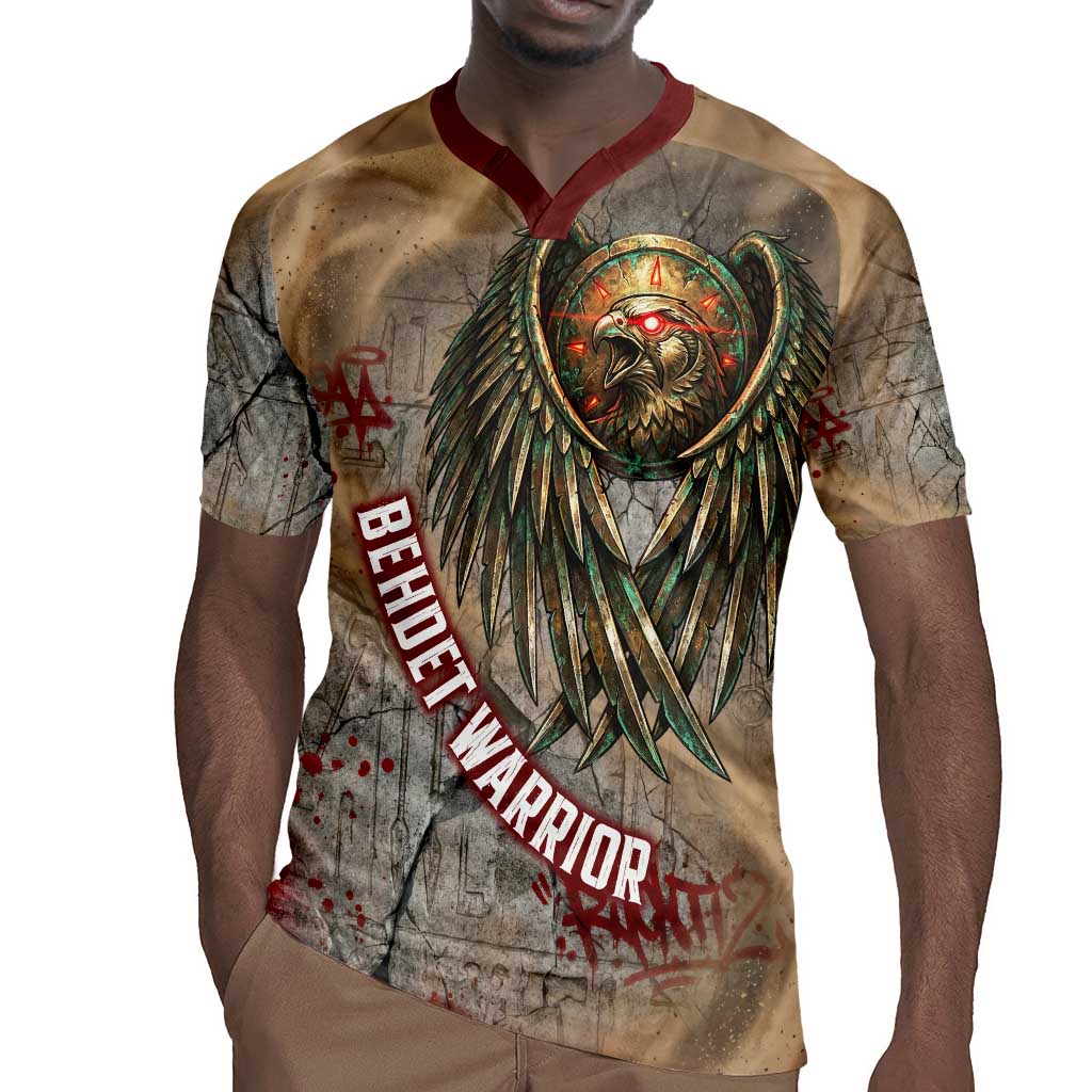 Horus Behdety Warrior Rugby Jersey with Falcon Mask and Spear Ancient Egyptian Combat