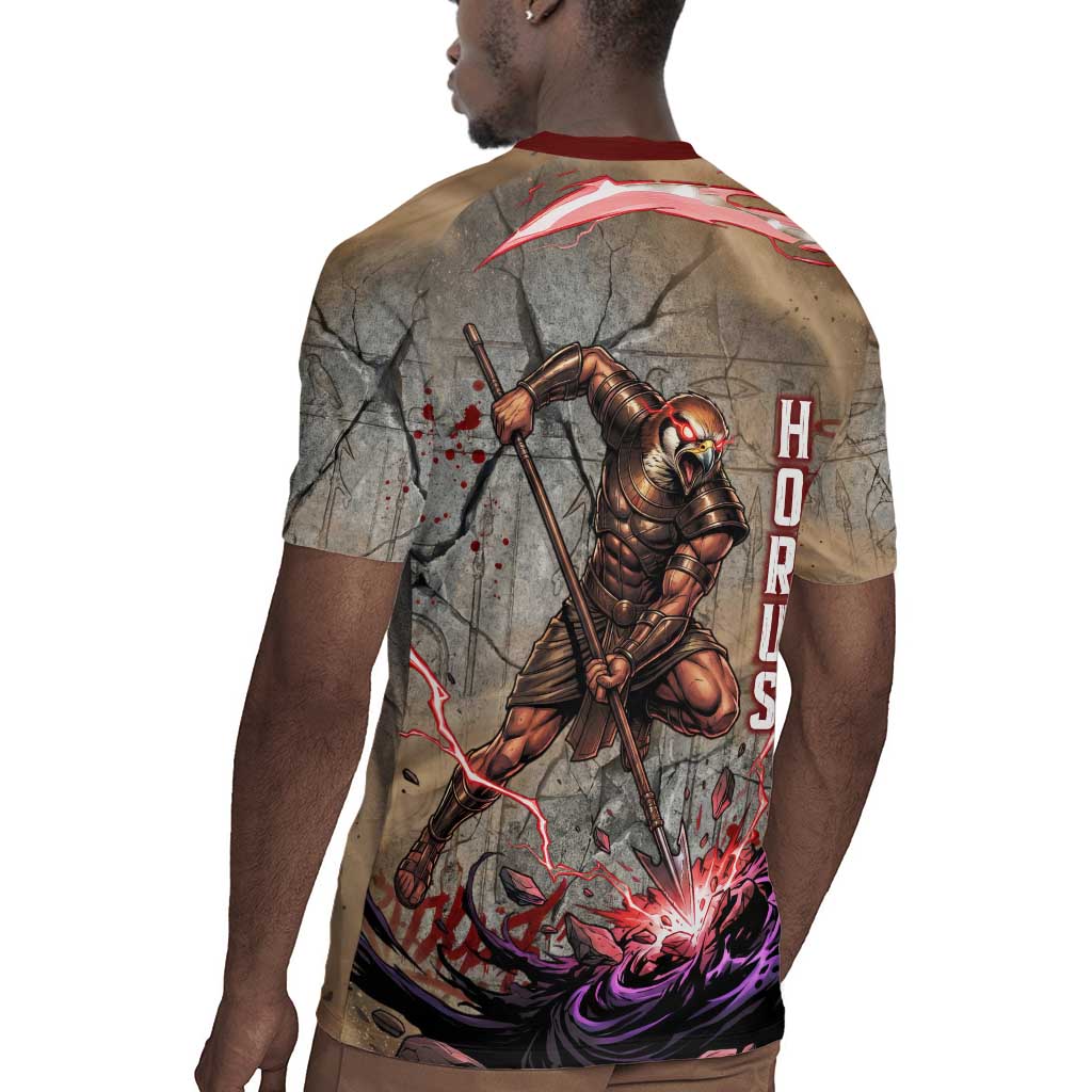 Horus Behdety Warrior Rugby Jersey with Falcon Mask and Spear Ancient Egyptian Combat