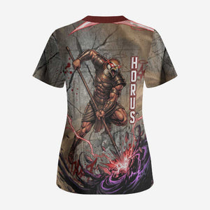 Horus Behdety Warrior Scrub Top with Falcon Mask and Spear Ancient Egyptian Combat