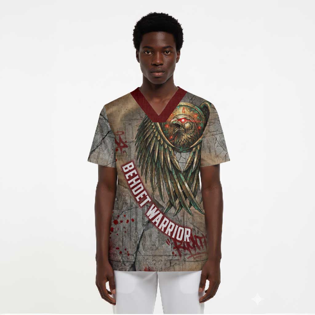 Horus Behdety Warrior Scrub Top with Falcon Mask and Spear Ancient Egyptian Combat