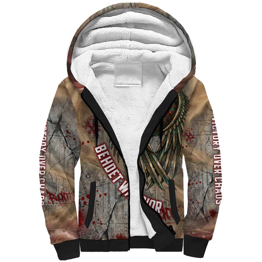 Horus Behdety Warrior Sherpa Hoodie with Falcon Mask and Spear Ancient Egyptian Combat
