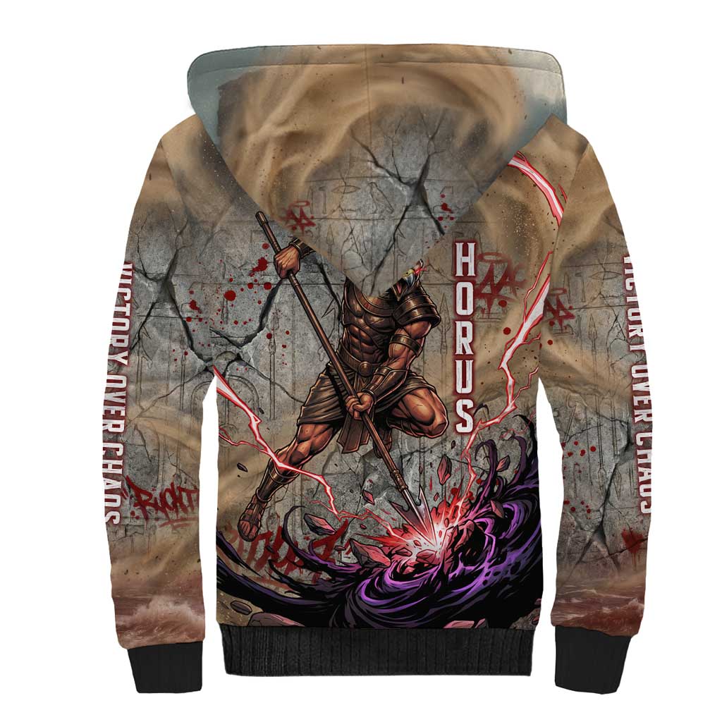 Horus Behdety Warrior Sherpa Hoodie with Falcon Mask and Spear Ancient Egyptian Combat