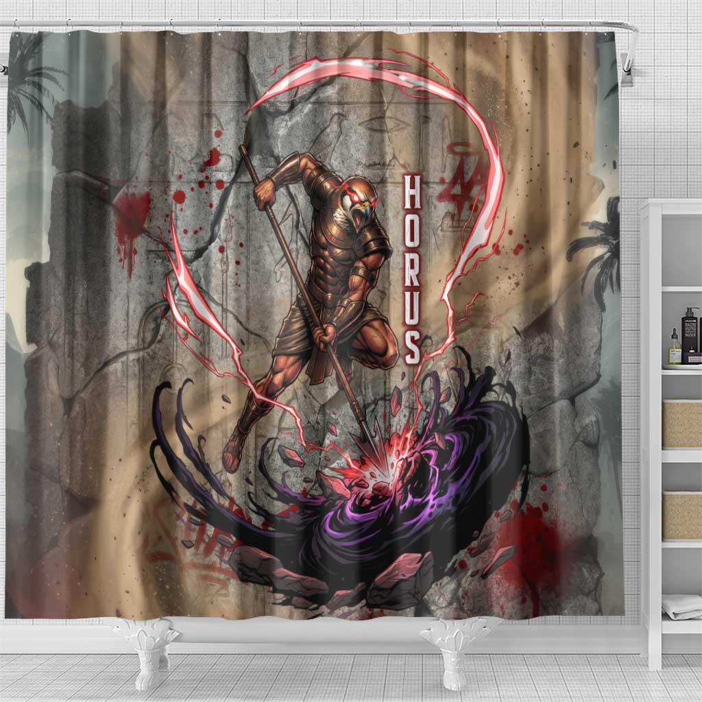 Horus Behdety Warrior Shower Curtain with Falcon Mask and Spear Ancient Egyptian Combat