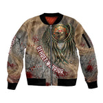 Horus Behdety Warrior Sleeve Zip Bomber Jacket with Falcon Mask and Spear Ancient Egyptian Combat