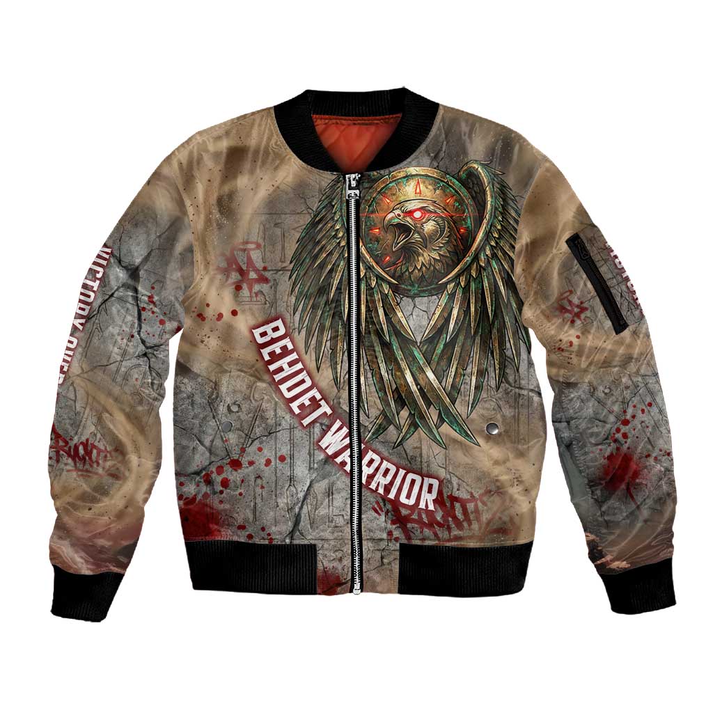 Horus Behdety Warrior Sleeve Zip Bomber Jacket with Falcon Mask and Spear Ancient Egyptian Combat