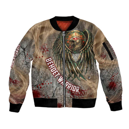 Horus Behdety Warrior Sleeve Zip Bomber Jacket with Falcon Mask and Spear Ancient Egyptian Combat