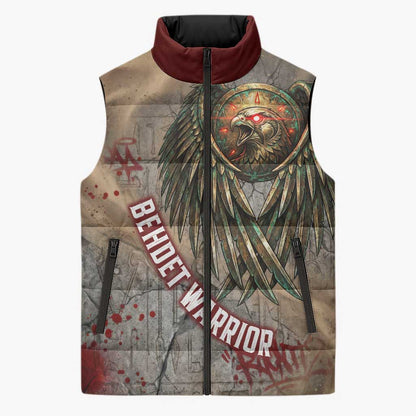 Horus Behdety Warrior Sleeveless Puffer Jacket with Falcon Mask and Spear Ancient Egyptian Combat