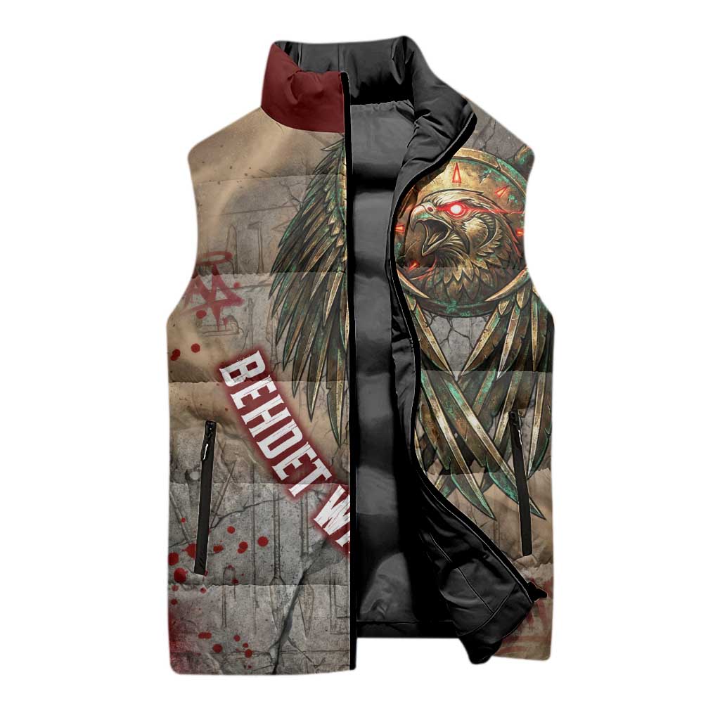 Horus Behdety Warrior Sleeveless Puffer Jacket with Falcon Mask and Spear Ancient Egyptian Combat