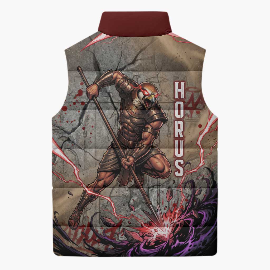 Horus Behdety Warrior Sleeveless Puffer Jacket with Falcon Mask and Spear Ancient Egyptian Combat