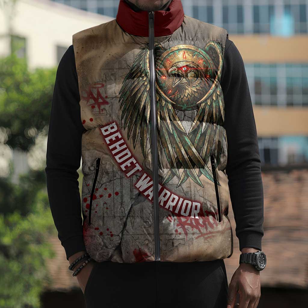 Horus Behdety Warrior Sleeveless Puffer Jacket with Falcon Mask and Spear Ancient Egyptian Combat