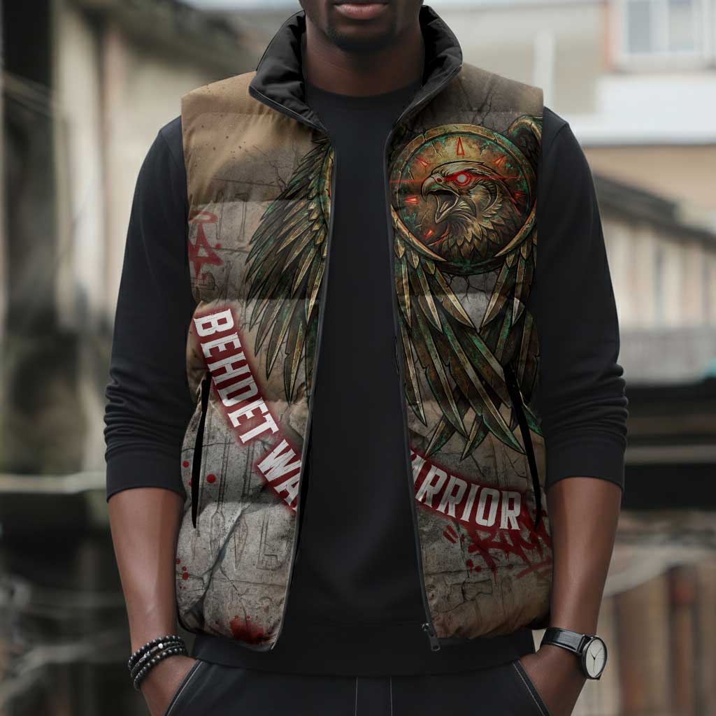 Horus Behdety Warrior Sleeveless Puffer Jacket with Falcon Mask and Spear Ancient Egyptian Combat