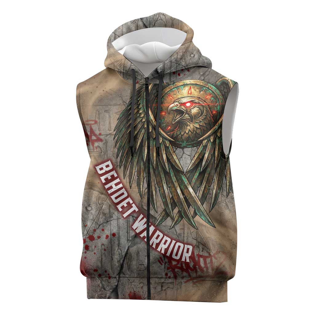 Horus Behdety Warrior Sleeveless Zip Hoodie with Falcon Mask and Spear Ancient Egyptian Combat