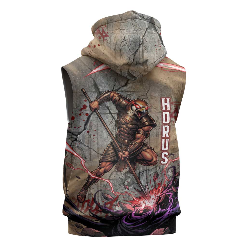 Horus Behdety Warrior Sleeveless Zip Hoodie with Falcon Mask and Spear Ancient Egyptian Combat