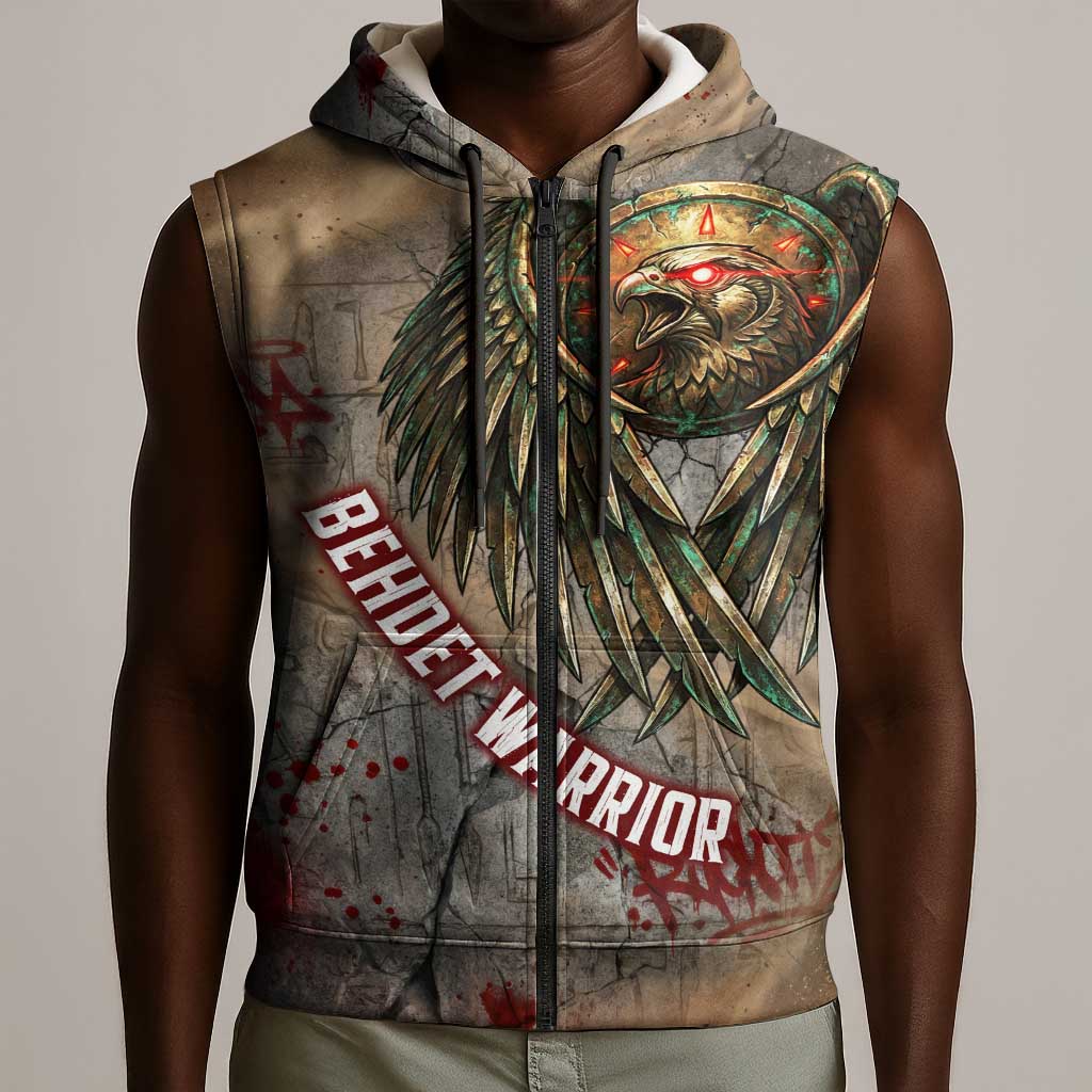 Horus Behdety Warrior Sleeveless Zip Hoodie with Falcon Mask and Spear Ancient Egyptian Combat