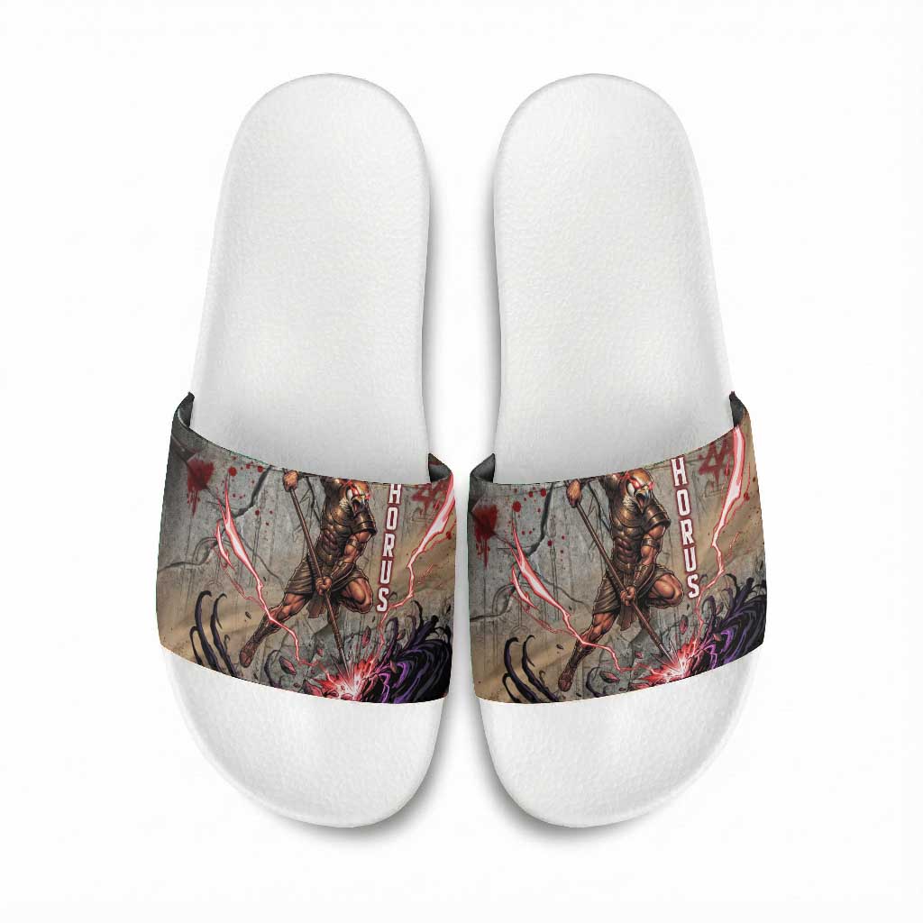 Horus Behdety Warrior Slide Sandals with Falcon Mask and Spear Ancient Egyptian Combat