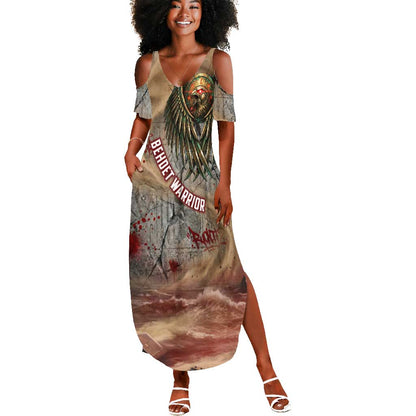 Horus Behdety Warrior Summer Maxi Dress with Falcon Mask and Spear Ancient Egyptian Combat