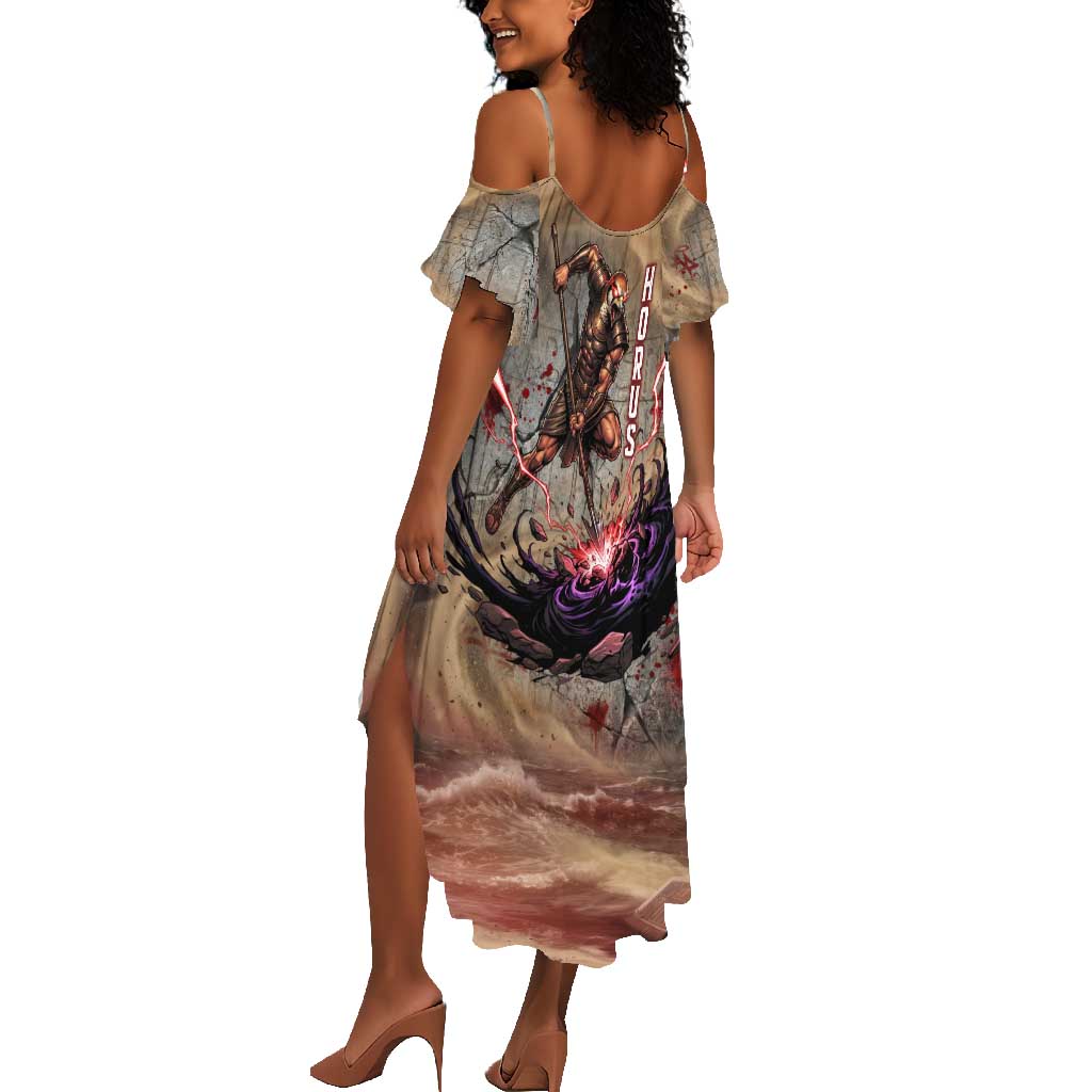 Horus Behdety Warrior Summer Maxi Dress with Falcon Mask and Spear Ancient Egyptian Combat