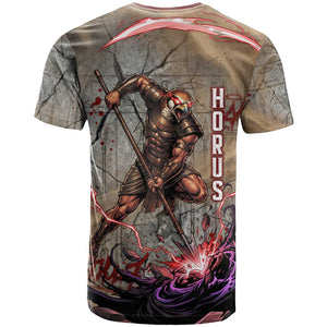 Horus Behdety Warrior T shirt with Falcon Mask and Spear Ancient Egyptian Combat