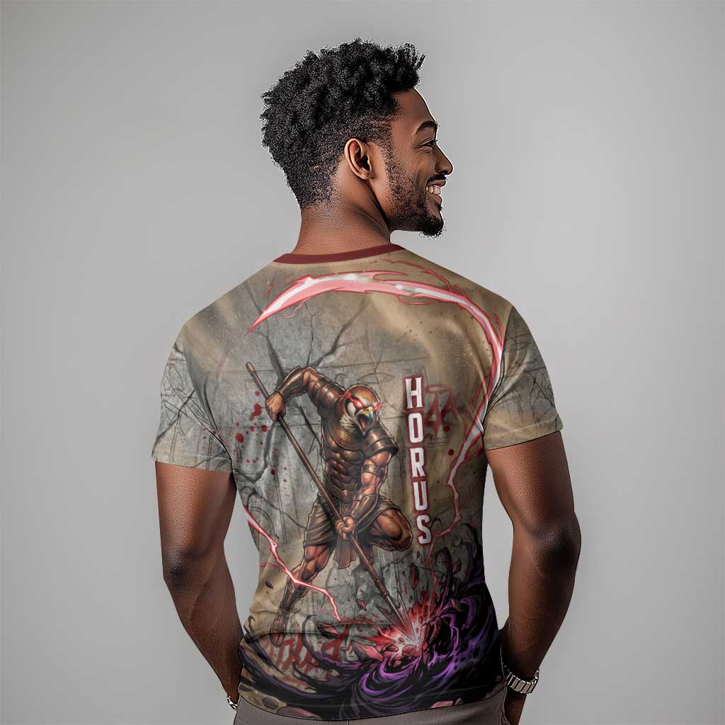 Horus Behdety Warrior T shirt with Falcon Mask and Spear Ancient Egyptian Combat
