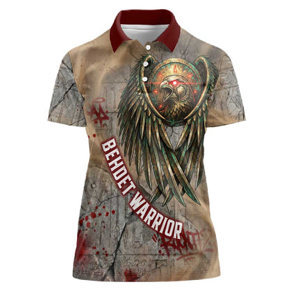 Horus Behdety Warrior Women Polo Shirt with Falcon Mask and Spear Ancient Egyptian Combat