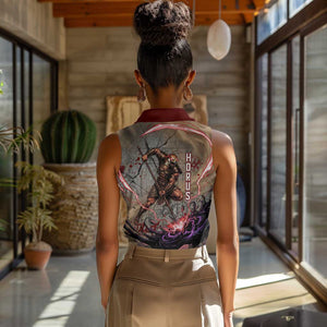 Horus Behdety Warrior Women Sleeveless Polo Shirt with Falcon Mask and Spear Ancient Egyptian Combat