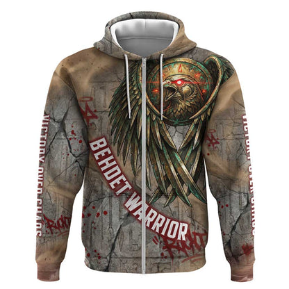 Horus Behdety Warrior Zip Hoodie with Falcon Mask and Spear Ancient Egyptian Combat