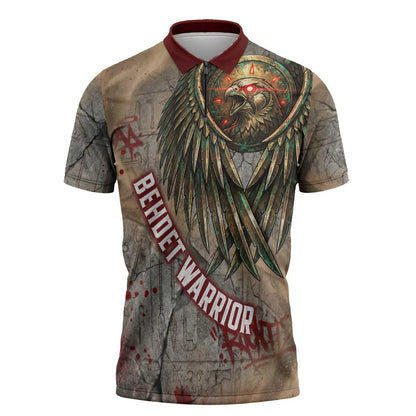Horus Behdety Warrior Zipper Polo Shirt with Falcon Mask and Spear Ancient Egyptian Combat