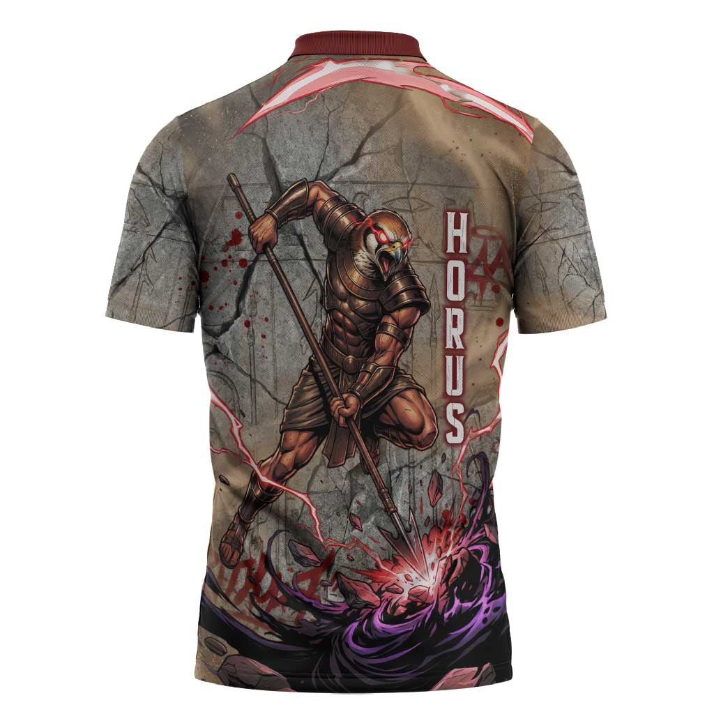 Horus Behdety Warrior Zipper Polo Shirt with Falcon Mask and Spear Ancient Egyptian Combat