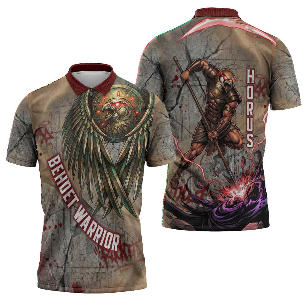 Horus Behdety Warrior Zipper Polo Shirt with Falcon Mask and Spear Ancient Egyptian Combat