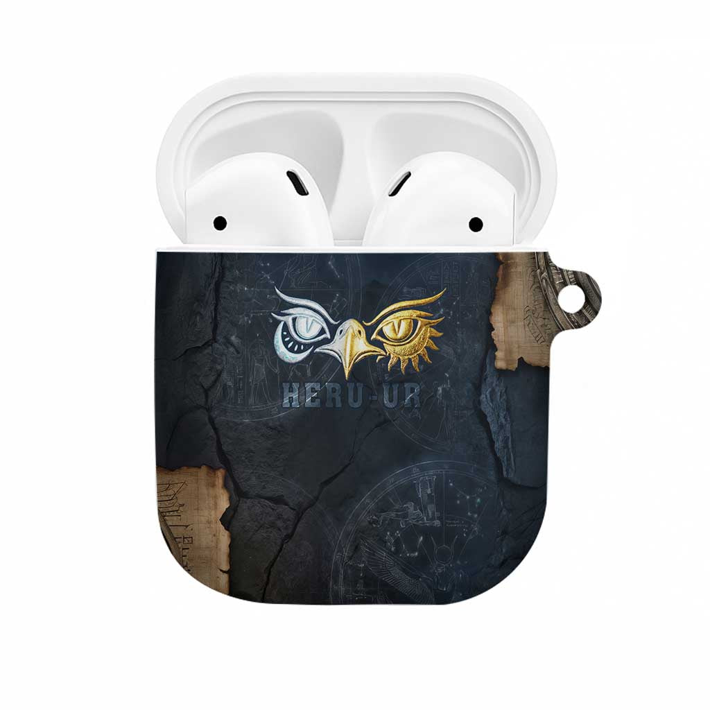 Heru-Ur Falcon Eyes AirPods Case Solar Disk Ancient Egyptian Mythology in Dark Stone