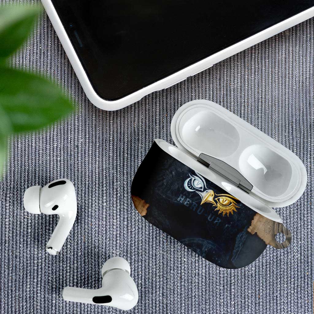 Heru-Ur Falcon Eyes AirPods Case Solar Disk Ancient Egyptian Mythology in Dark Stone