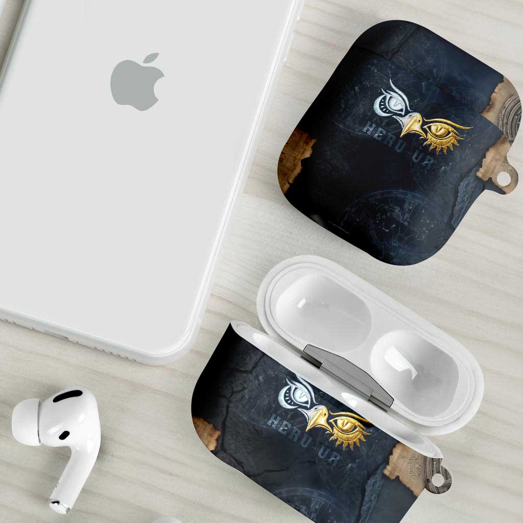 Heru-Ur Falcon Eyes AirPods Case Solar Disk Ancient Egyptian Mythology in Dark Stone