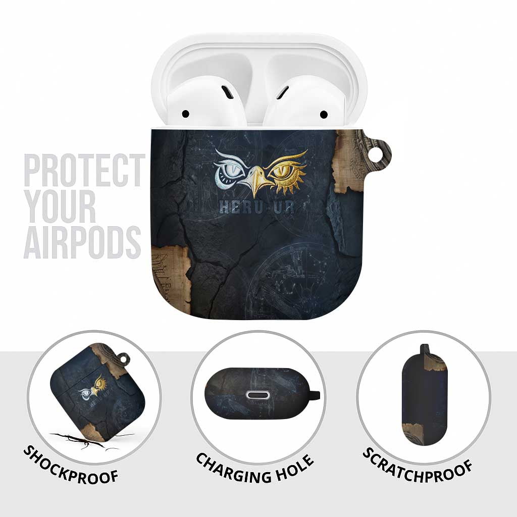 Heru-Ur Falcon Eyes AirPods Case Solar Disk Ancient Egyptian Mythology in Dark Stone