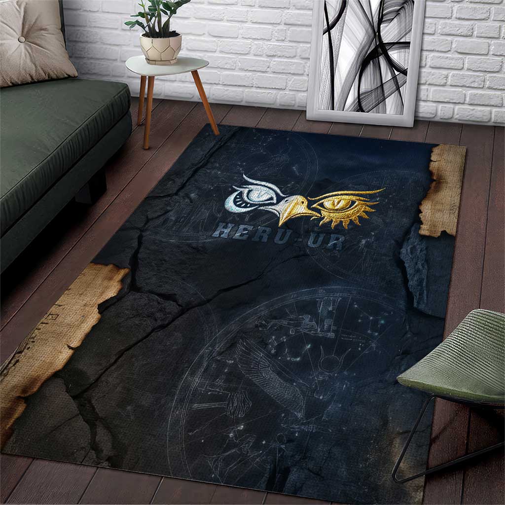 Heru-Ur Falcon Eyes Area Rug Solar Disk Ancient Egyptian Mythology in Dark Stone