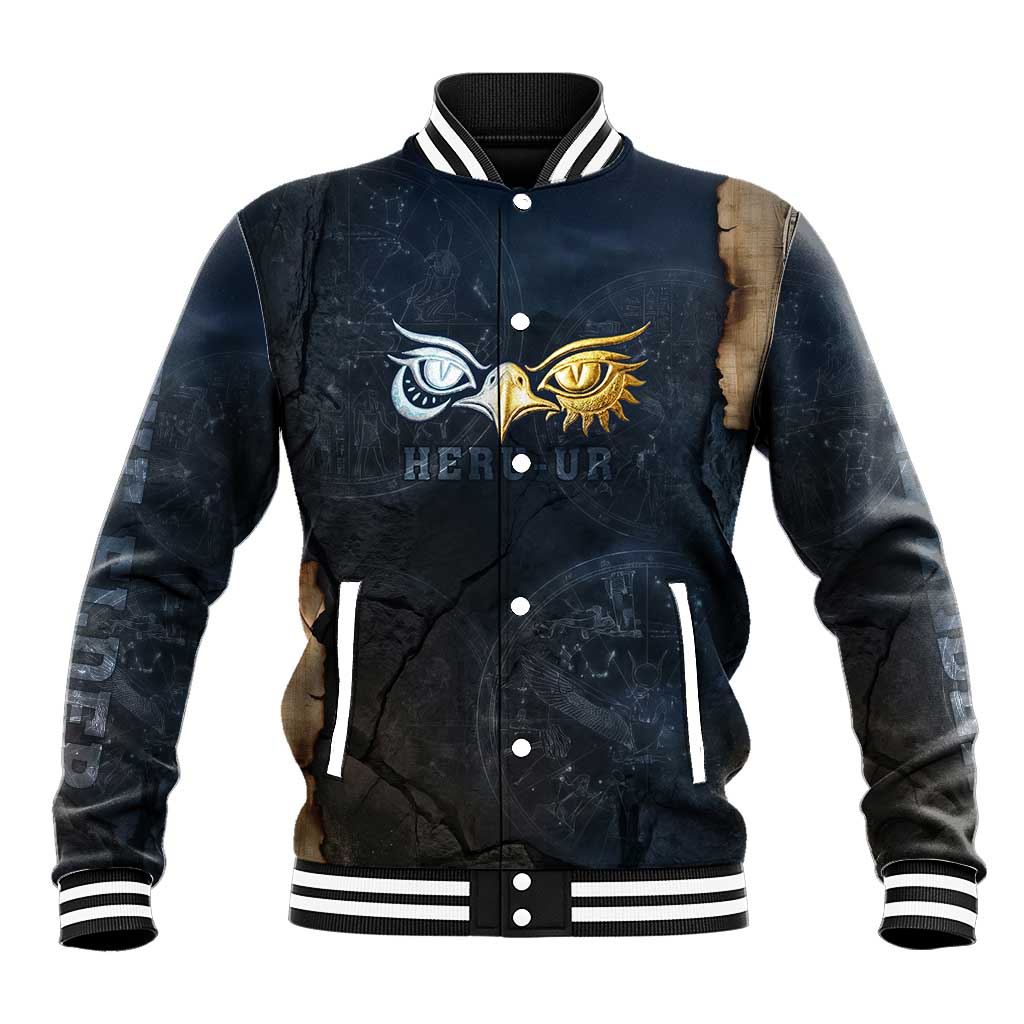 Heru-Ur Falcon Eyes Baseball Jacket Solar Disk Ancient Egyptian Mythology in Dark Stone