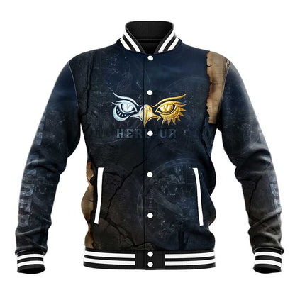 Heru-Ur Falcon Eyes Baseball Jacket Solar Disk Ancient Egyptian Mythology in Dark Stone
