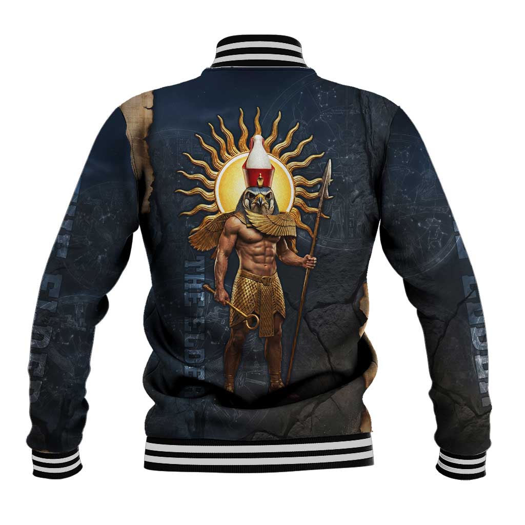 Heru-Ur Falcon Eyes Baseball Jacket Solar Disk Ancient Egyptian Mythology in Dark Stone