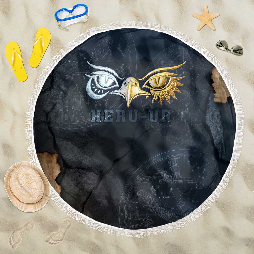Heru-Ur Falcon Eyes Beach Blanket Solar Disk Ancient Egyptian Mythology in Dark Stone