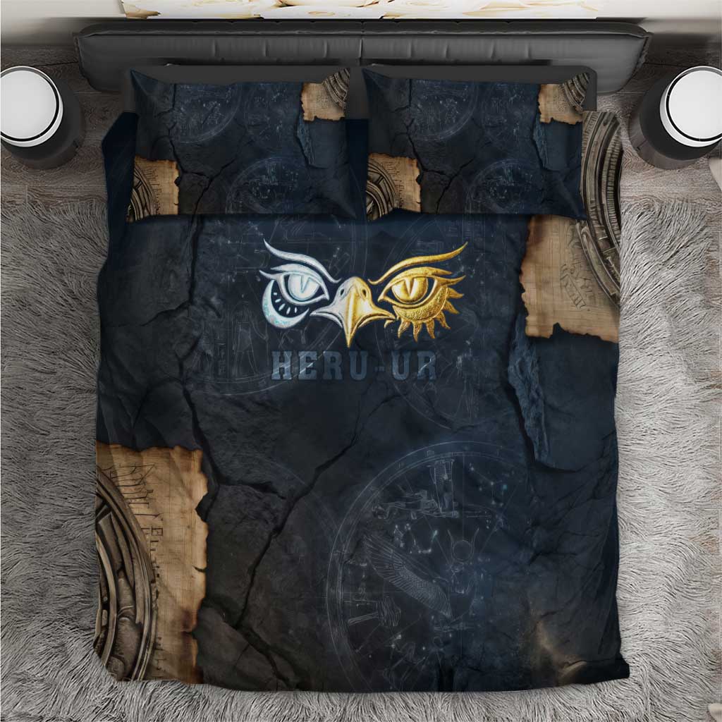 Heru-Ur Falcon Eyes Bedding Set Solar Disk Ancient Egyptian Mythology in Dark Stone