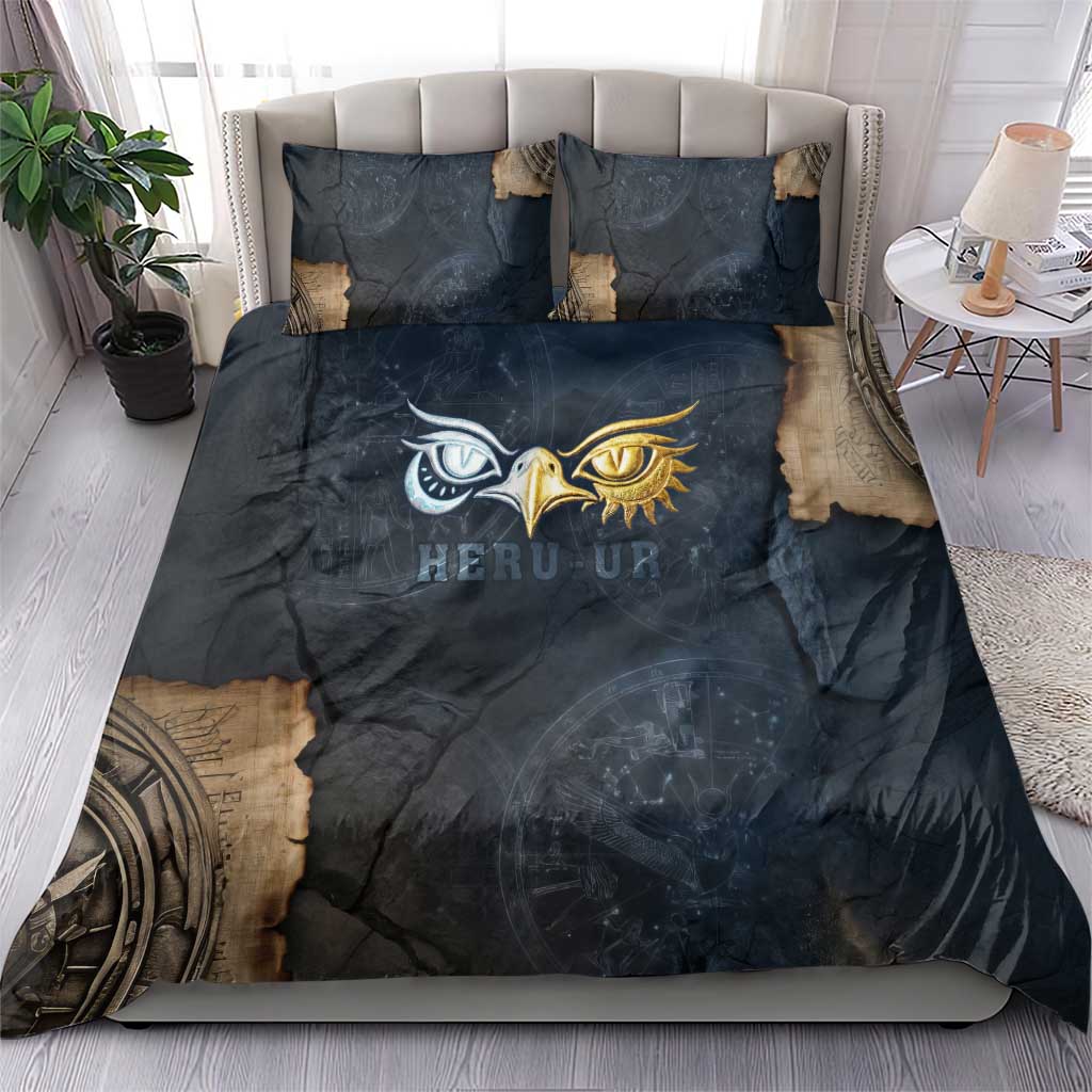 Heru-Ur Falcon Eyes Bedding Set Solar Disk Ancient Egyptian Mythology in Dark Stone