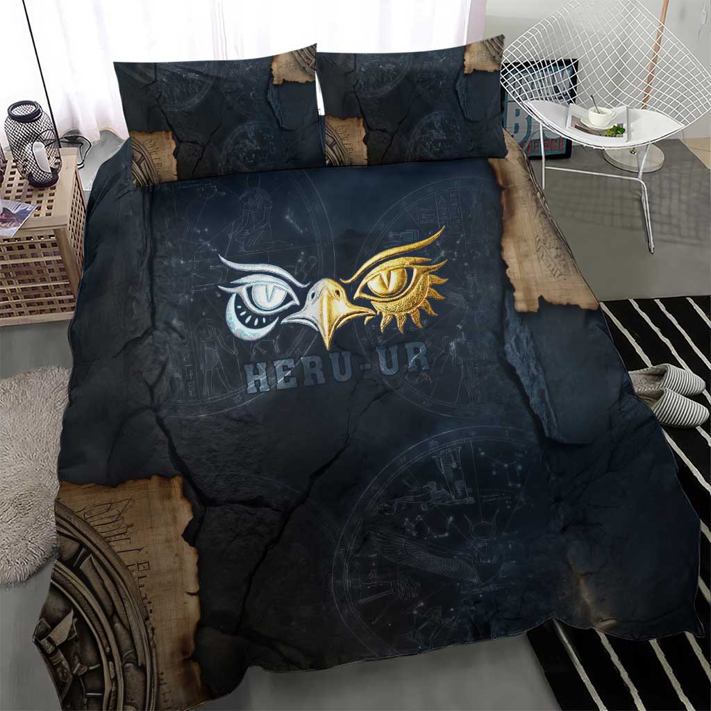 Heru-Ur Falcon Eyes Bedding Set Solar Disk Ancient Egyptian Mythology in Dark Stone