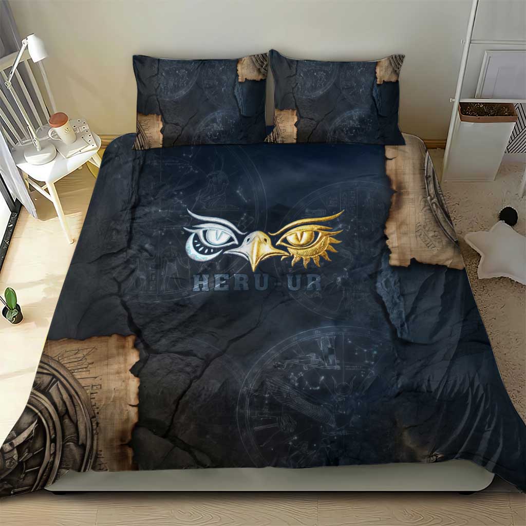 Heru-Ur Falcon Eyes Bedding Set Solar Disk Ancient Egyptian Mythology in Dark Stone