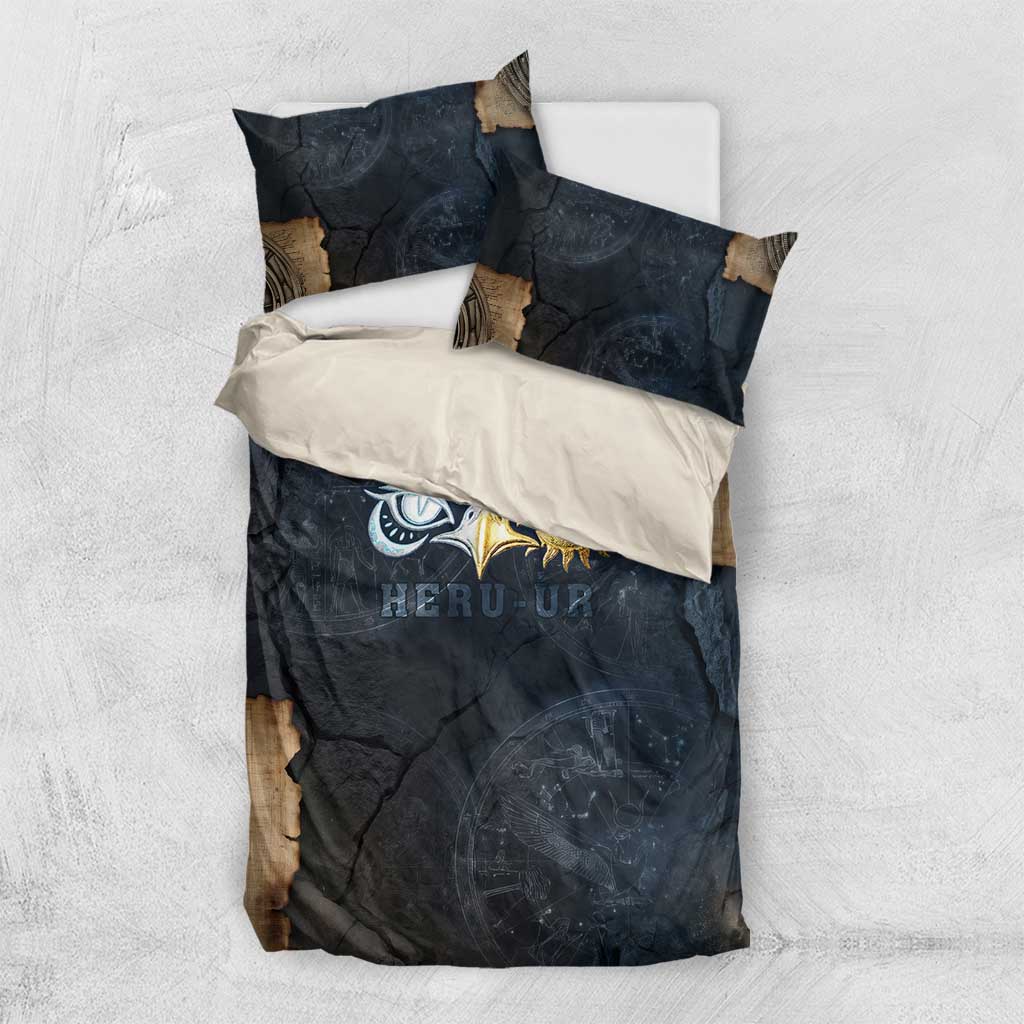Heru-Ur Falcon Eyes Bedding Set Solar Disk Ancient Egyptian Mythology in Dark Stone