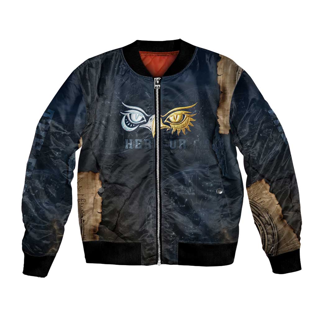 Heru-Ur Falcon Eyes Bomber Jacket Solar Disk Ancient Egyptian Mythology in Dark Stone
