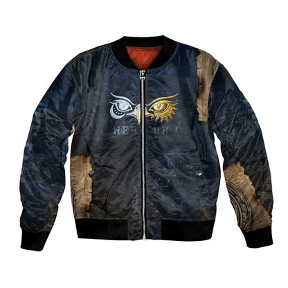 Heru-Ur Falcon Eyes Bomber Jacket Solar Disk Ancient Egyptian Mythology in Dark Stone