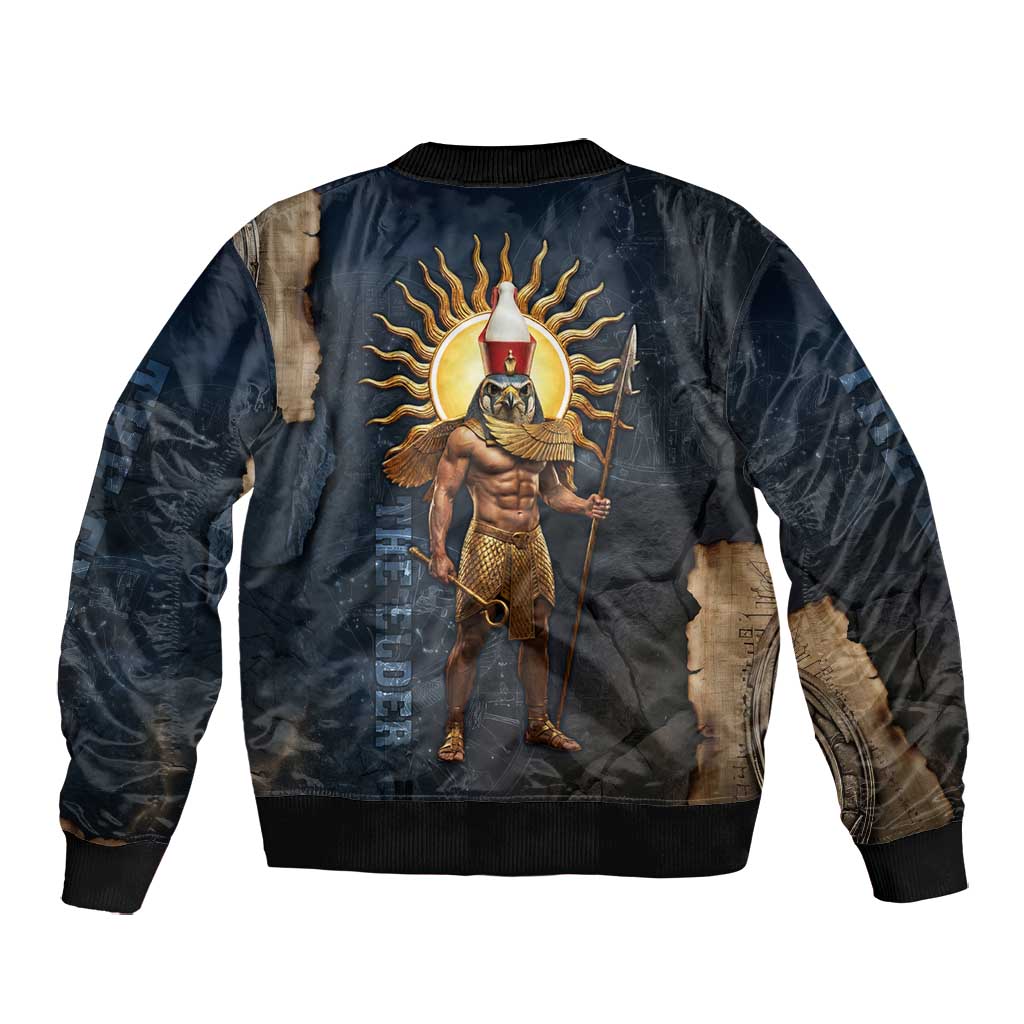 Heru-Ur Falcon Eyes Bomber Jacket Solar Disk Ancient Egyptian Mythology in Dark Stone