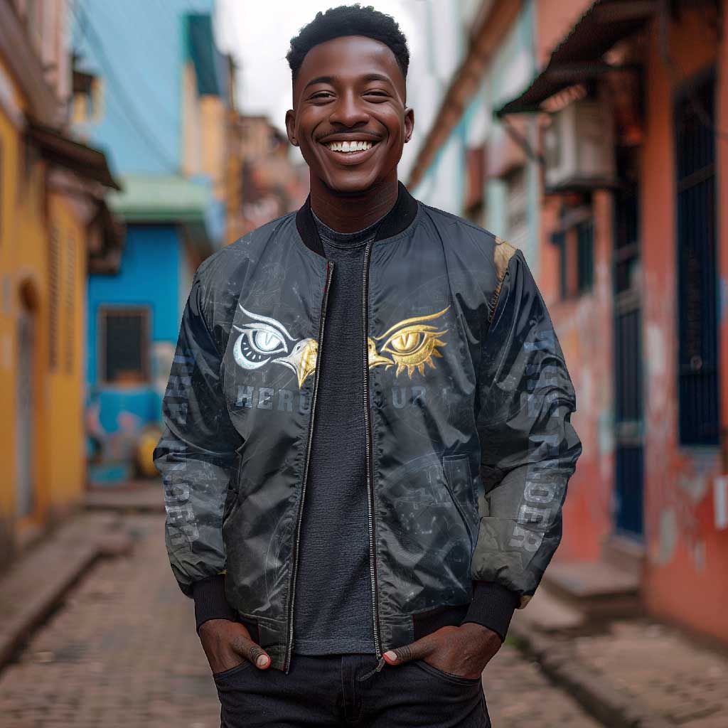 Heru-Ur Falcon Eyes Bomber Jacket Solar Disk Ancient Egyptian Mythology in Dark Stone