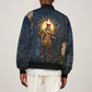 Heru-Ur Falcon Eyes Bomber Jacket Solar Disk Ancient Egyptian Mythology in Dark Stone