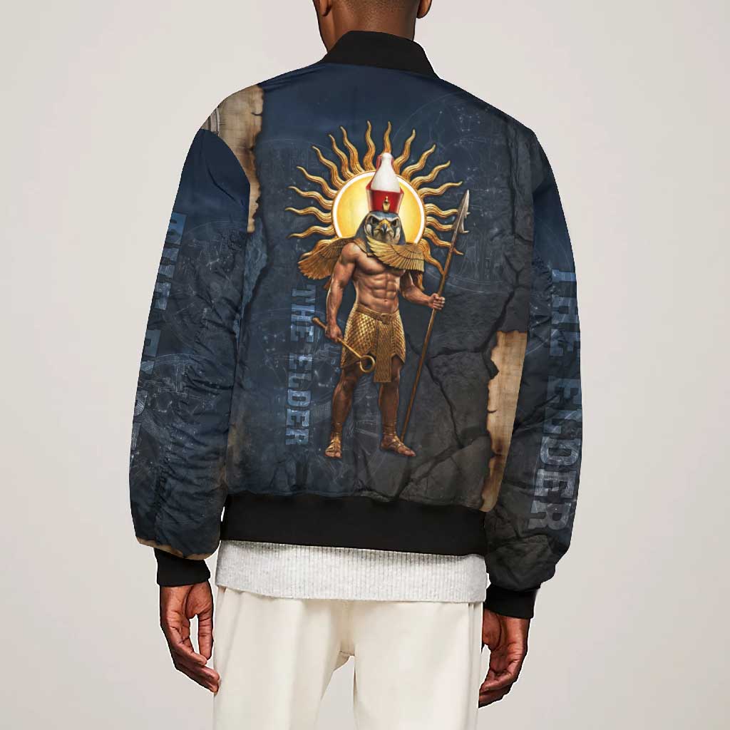 Heru-Ur Falcon Eyes Bomber Jacket Solar Disk Ancient Egyptian Mythology in Dark Stone