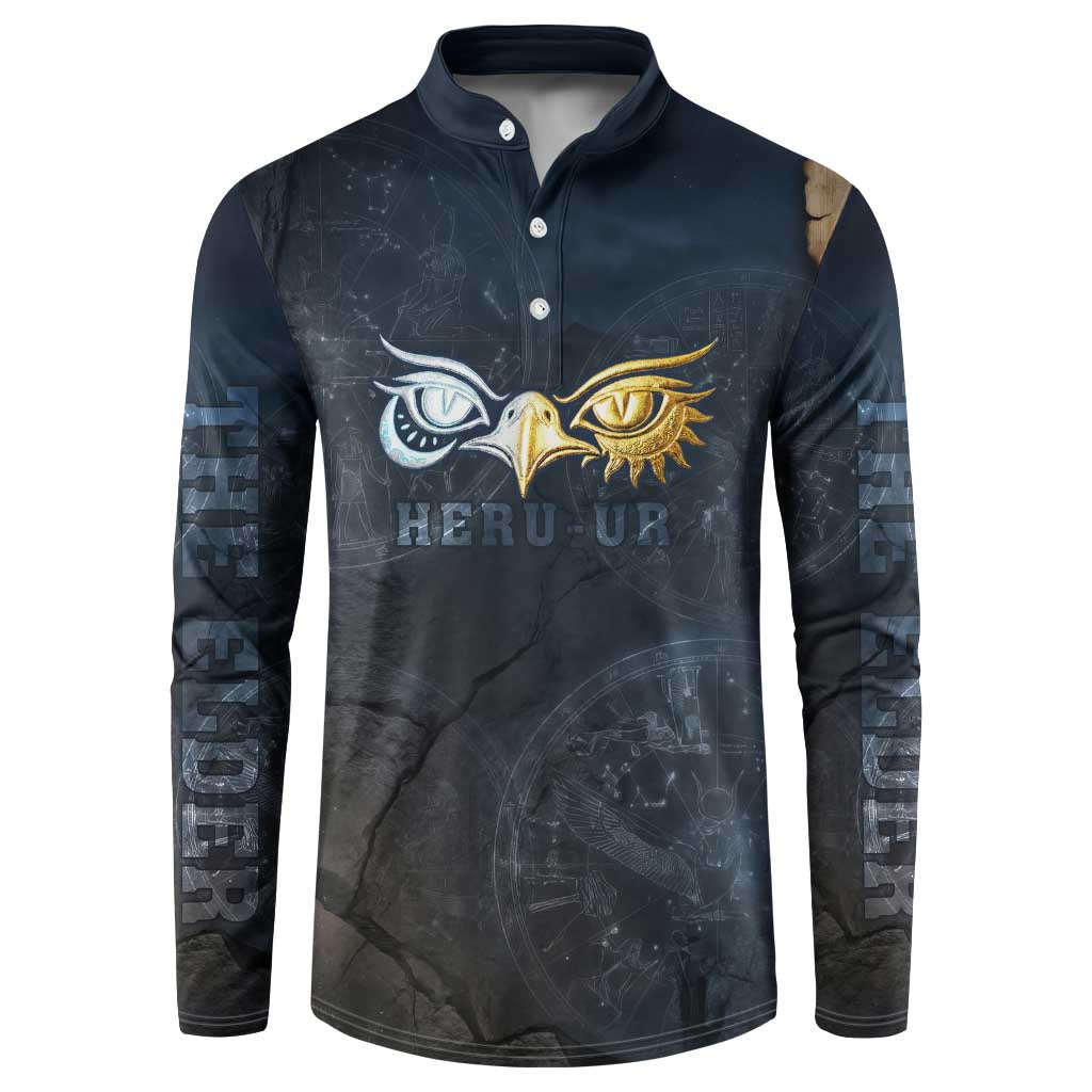 Heru-Ur Falcon Eyes Button Sweatshirt Solar Disk Ancient Egyptian Mythology in Dark Stone
